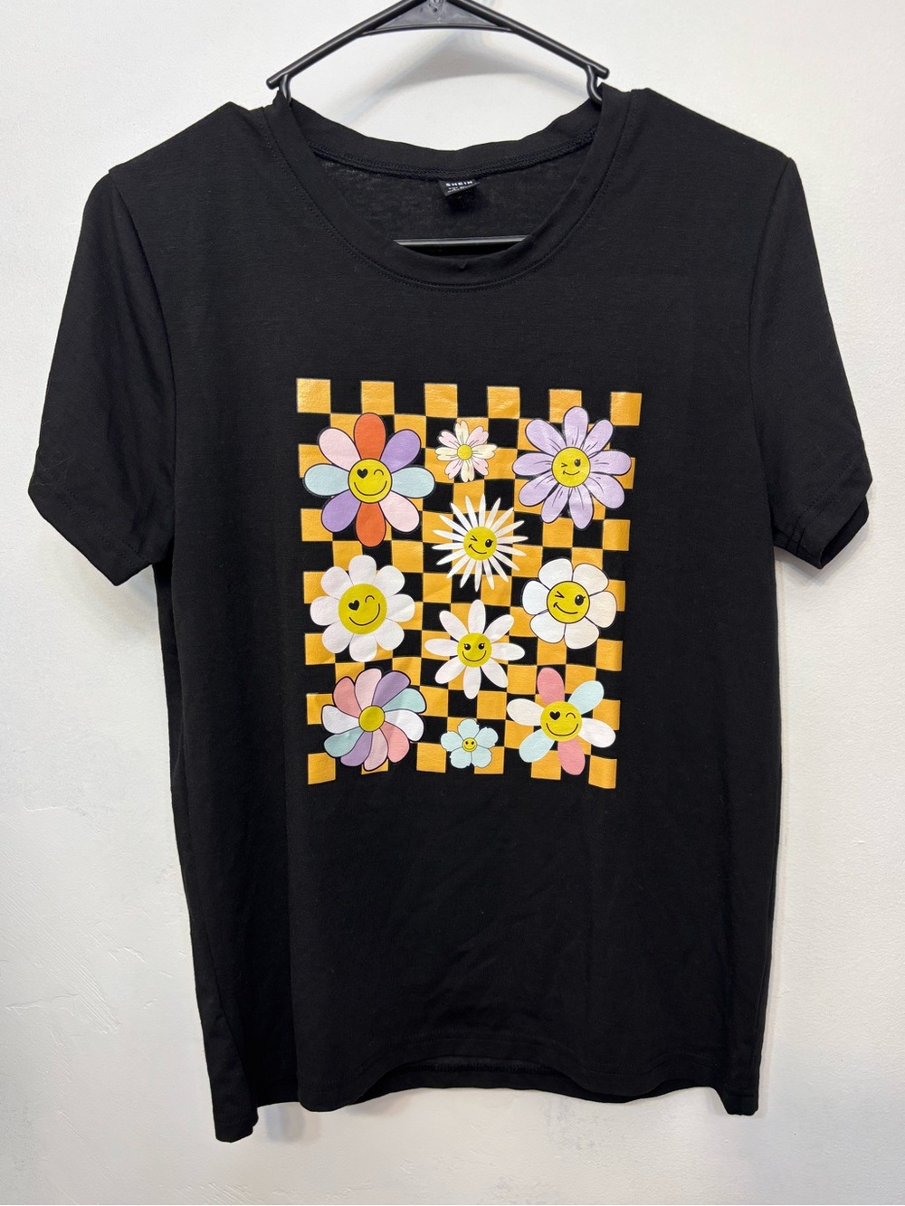 SHEIN Black With Smiley Flower Checkerboard Print Womens Size Small 4 NWOT